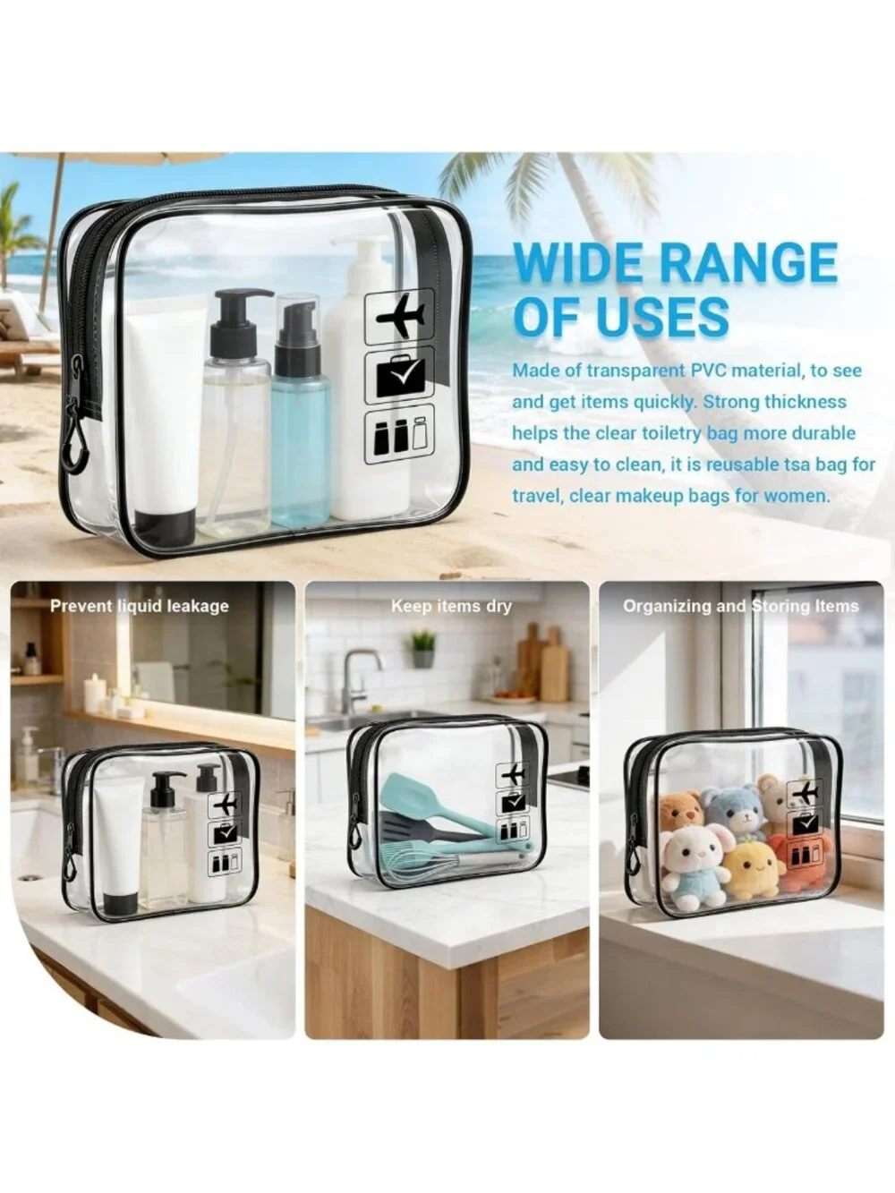 TSA Approved Clear Toiletry Bag Set - 3pcs Travel Makeup & Cosmetic Bags